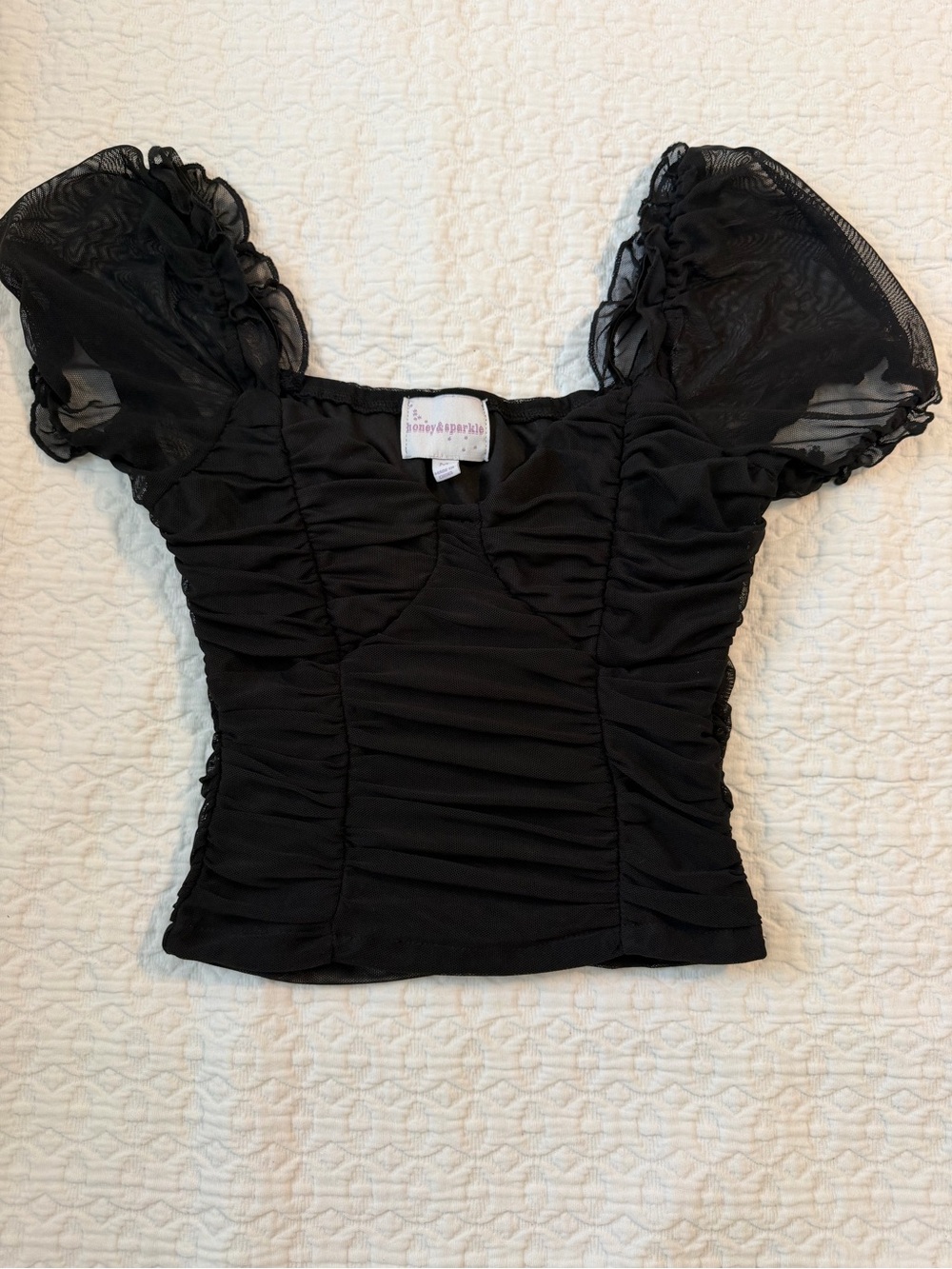 Black Ruched Puff-Sleeve Top